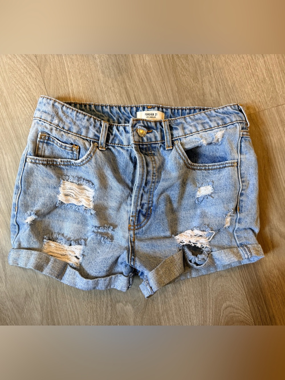 Forever 21 Light Wash Distressed Rolled Hem Denim Shorts